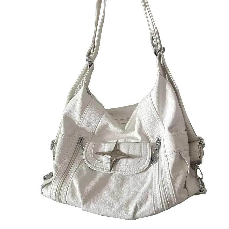 Y2k Large Capacity Shoulder Bag White Pu Leather Star Handbag American Style Punk Goth Fashion Simple Designer Handbag Tote Bag