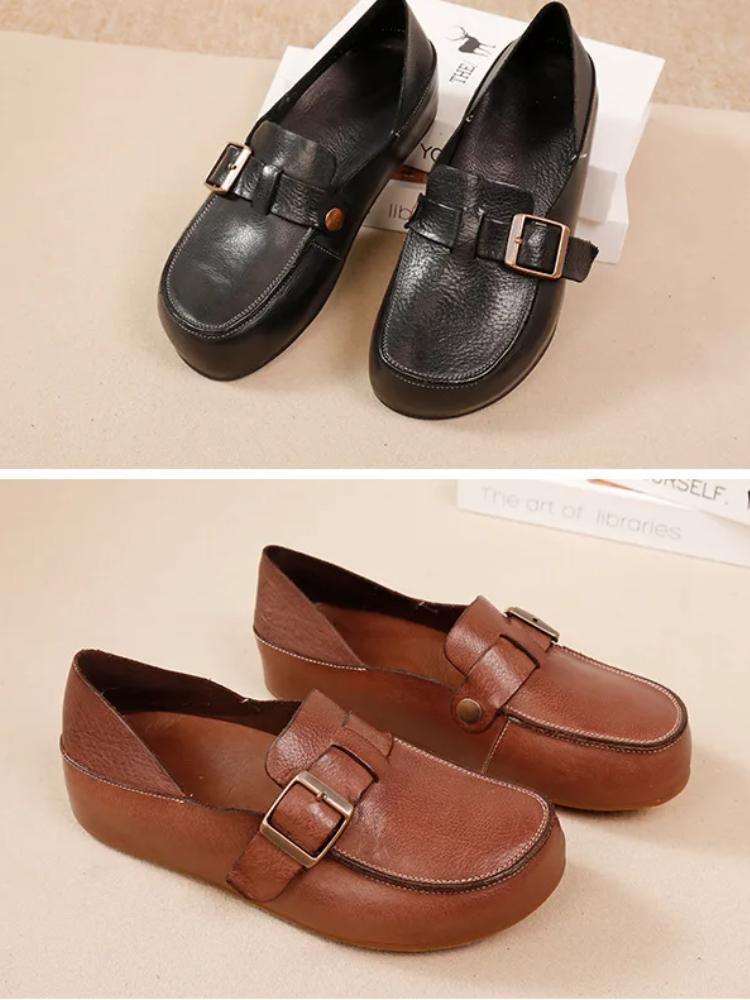 Johnature Retro Genuine Leather Soft Soled Shoes Loafers Round Toe Versatile Slip-on Women's Flat Shoes