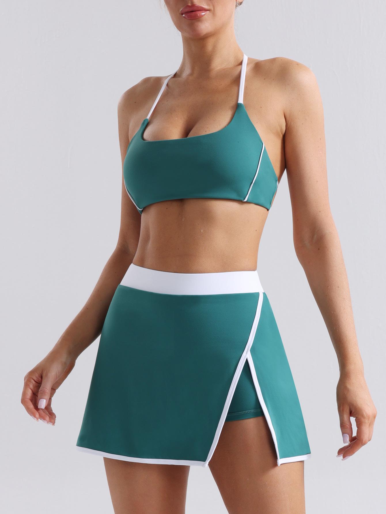 

Комплект для йоги Nude Feeling Colorblock: Женский сексуальный спортивный бюстгальтер с открытой спиной и теннисная юбка L