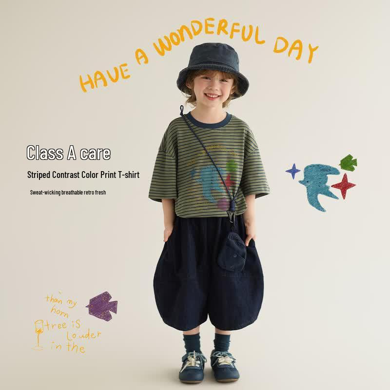 Kids Color Block Stripe Short Sleeve T-Shirt 140