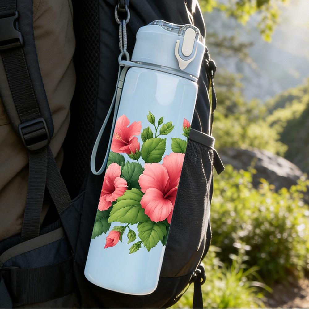 1PC Pink Hibiscus Flower Print 750ml Color Plastic Sports Water Bottle Leakproof Flip Straw Lid Suitable for Sports Office Home Use