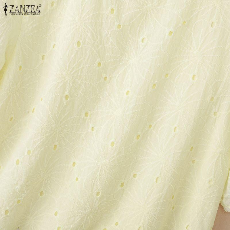 ZANZEA Women Casual Round Neck Lace Crochet Patchwork Summer Short Sleeve Blouse