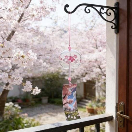Pink Glass Wind Chime Traditional Japanese Cherry Blossom Design Portable Hanging Decoration Suitable Mothers Day Weddings Beautiful Harmonious Sound.