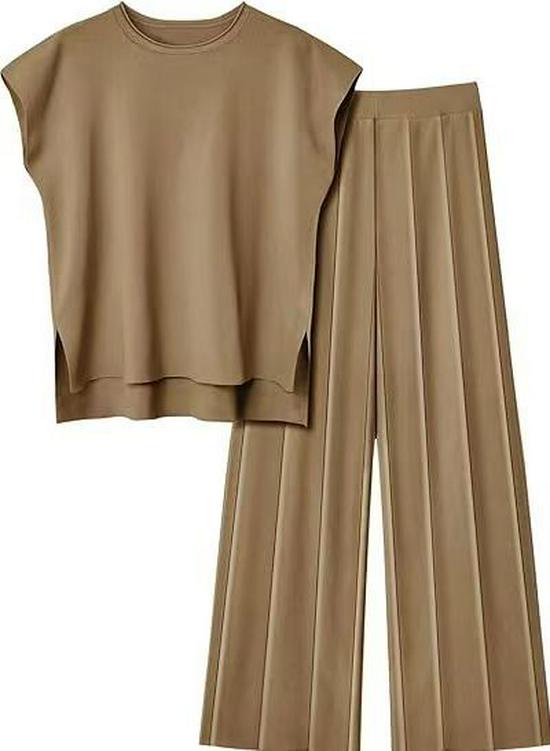 2026 Solid Color Knit Set: Sleeveless Top & Wide-Leg Crop Pants, Slim Fit, Round Neck