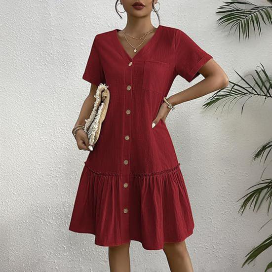 Women's Summer Cotton Linen Midi Dress Casual Short Sleeve V-Neck Button Down Dress Flowy Ruffled A-Line Beach Sundress