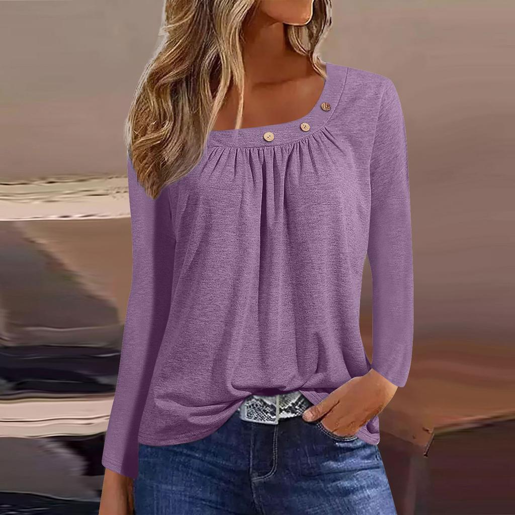 Long Sleeve Blouses For Women Casual O-Neck Button Down Shirt Solid Blouse Tops Loose Fit Fall Shirt Top