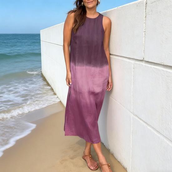 Summer Cotton Linen Dress for Women Casual Sleeveless Tunis Maxi Tank Dress Side Slit Beach Sun Dress