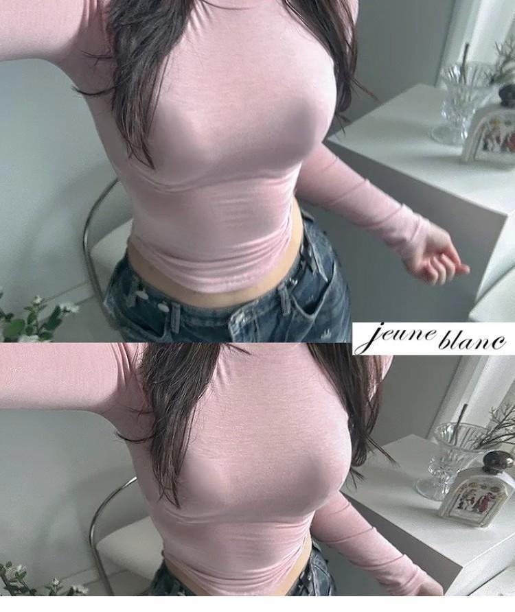 Elegant Thin Slightly See-Through High Neck Long Sleeve T-Shirt for Women - Figure-Flattering Autumn/Winter Style