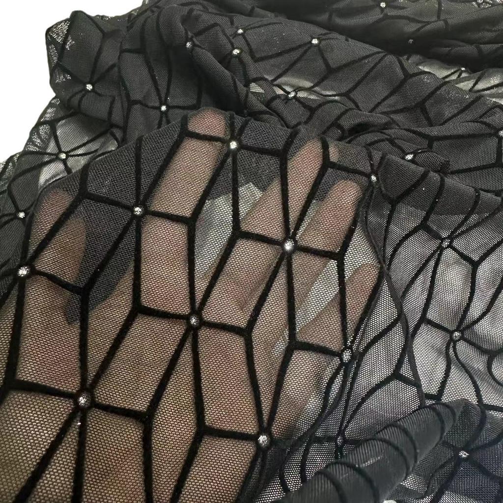 1 jard*160cm Sześciokątny wzór Rozciągliwa flokowana tkanina żakardowa Aksamitna siateczka Tkaniny afrykańskie do szycia DIY Odzież