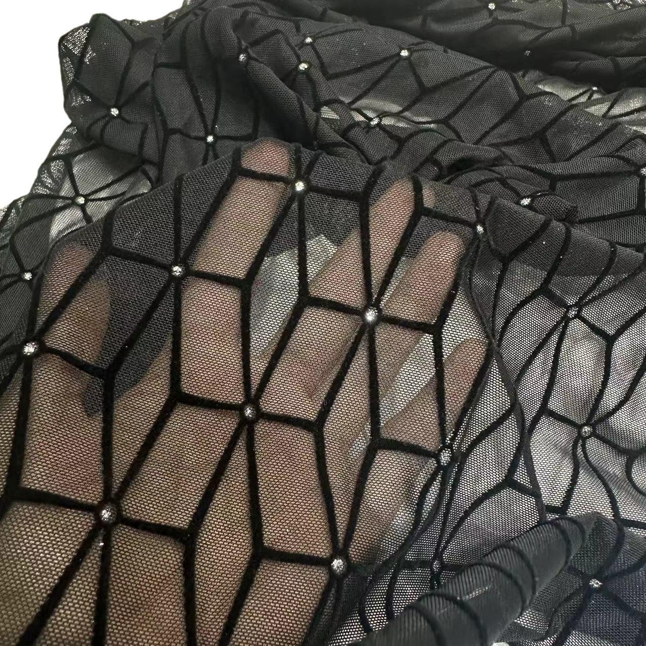 

1yard*160cm Hexagonal pattern Stretchy Flocking Jacqurd Fabric Velvet Mesh African Fabrics for DIY Sewing Clothing 1yard