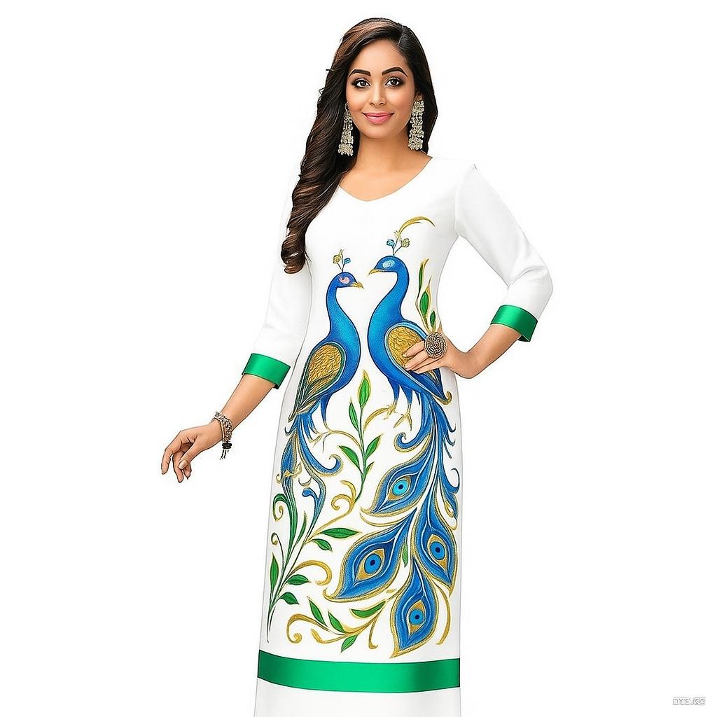 

Muslim charm, all over printed peacock print, full of breathable round neck kurti style, new arrival, comfortable clothing, showing fashion style, S бежевий