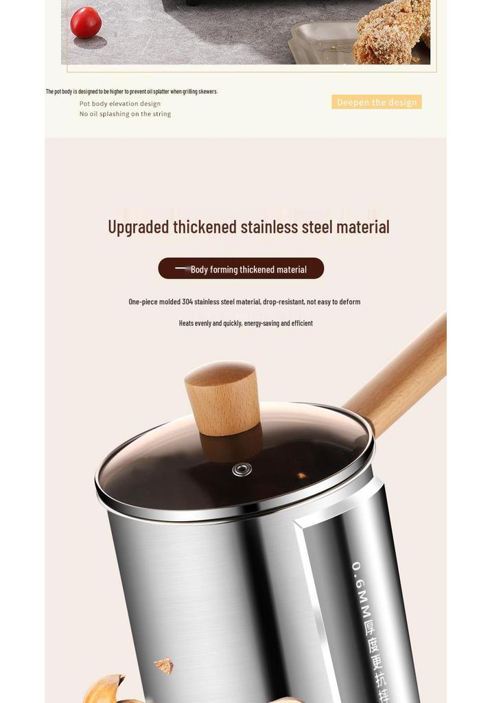 304 Stainless Steel Milk and Fry Pot with Wooden Handle and Filter Basket, Induction Compatible, Oil-Saving Deep Pot for Soup and Skewers.