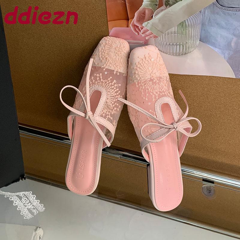 Fashion Luxury Fashion Mesh Ladies Flats Slippers Butterfly-Knot Women Flats Slippers Mules Shoes Female Slides Sandals