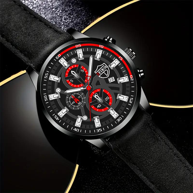 Fashion Men's Casual Quartz Watches Analog PU Leather Calendar Luminous Wrist Watch with