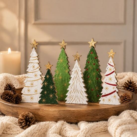 Layered Wooden Tree Ornament Sets 6Pcs Christmas Tabletop Decor Set, Rustic Star Topped Window Display Accents Mini Figurines, Farmhouse Xmas