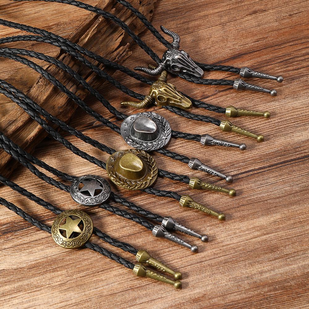 Vintage Cowboy Hat Rice Ears Pentagram Necklace for Men Women Bohemian Style Couples PU Leather Rope Pendant