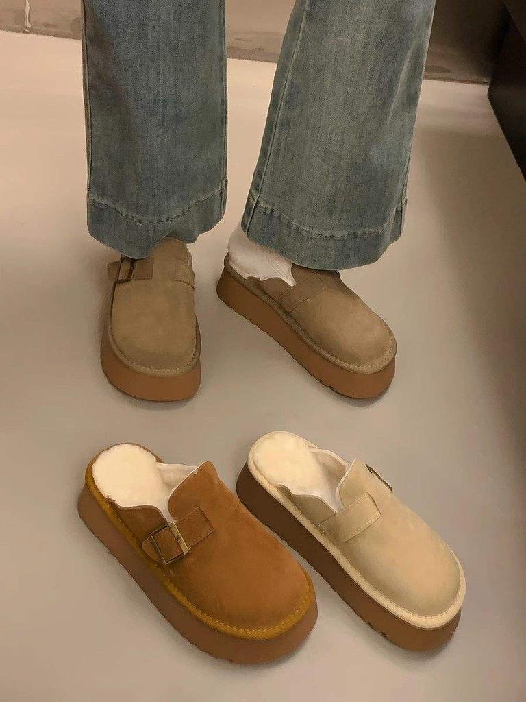 Thick-soled bag head hairy half slippers women's Birkenstocks 2025 new winter velvet warm Birkenstocks snow boots cotton shoes