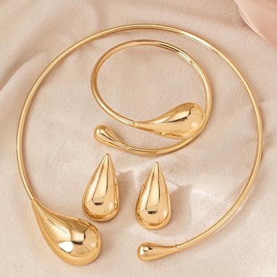 Trendy Open Metal Water Drop Necklace & Bracelet Set for Women