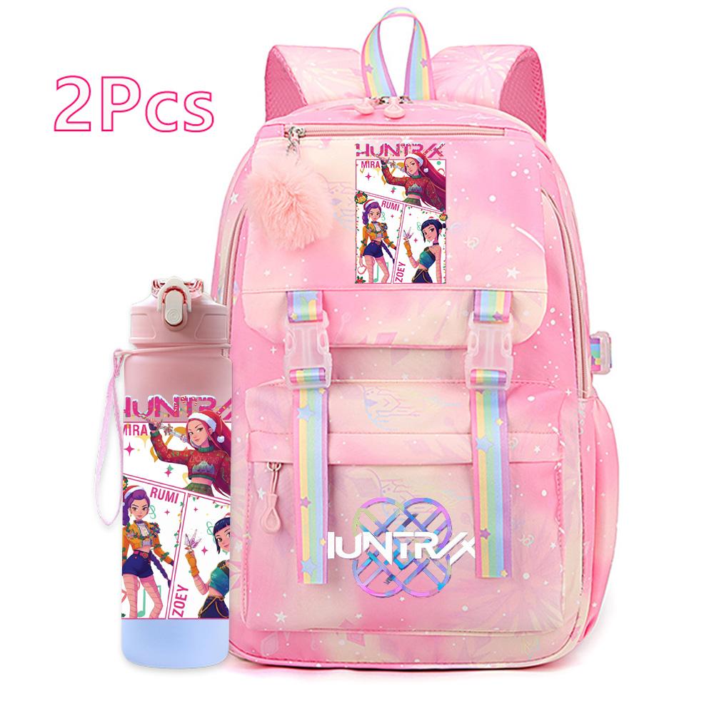 2Pcs/set Christmas K-pop Printed Backpack with 750Ml Water Bottler Large Capacity Travel Bag for Teenager Girl Boy Waterproof Bookbag Kid Gift Rucksak