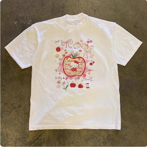 

Sanrio 2026 Summer Comic Form Hello Kitty Image 100 Cotton Printed Casual Tshirt Adult Children Parentchild Top Casual Wear S