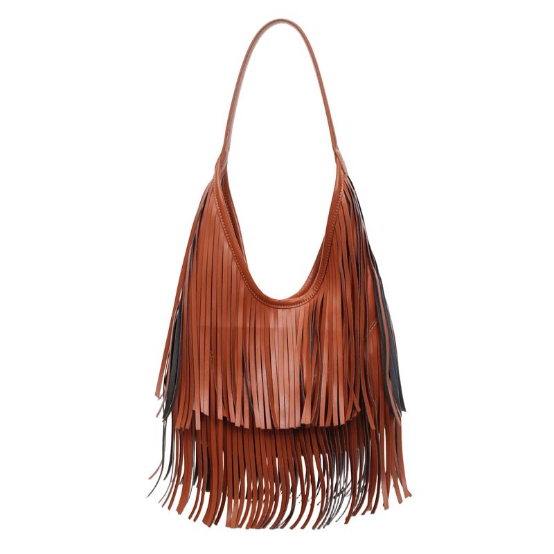 

Tote Bag Vintage Tassel Shoulder Bag Women Commuter Large Capacity Bag коричневий