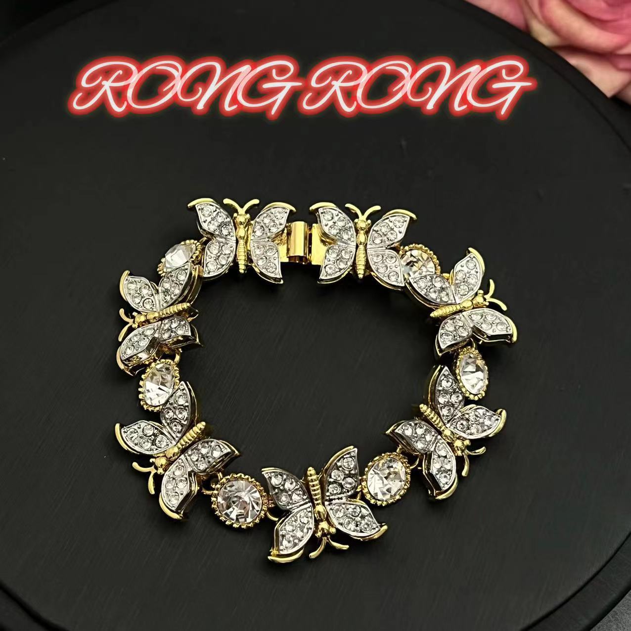 Luxury Full Light Flower Earstuds Vintage Design Butterfly Bracelet Jewelry