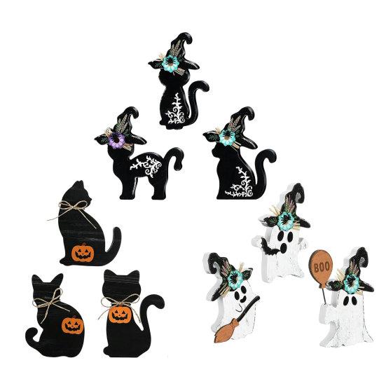 Witch Hat Table Decorations 3Pcs Halloween Decoration, Black Cat Ghost Decor, Figurines Rustic Farmhouse Wooden Centerpieces for Home Office