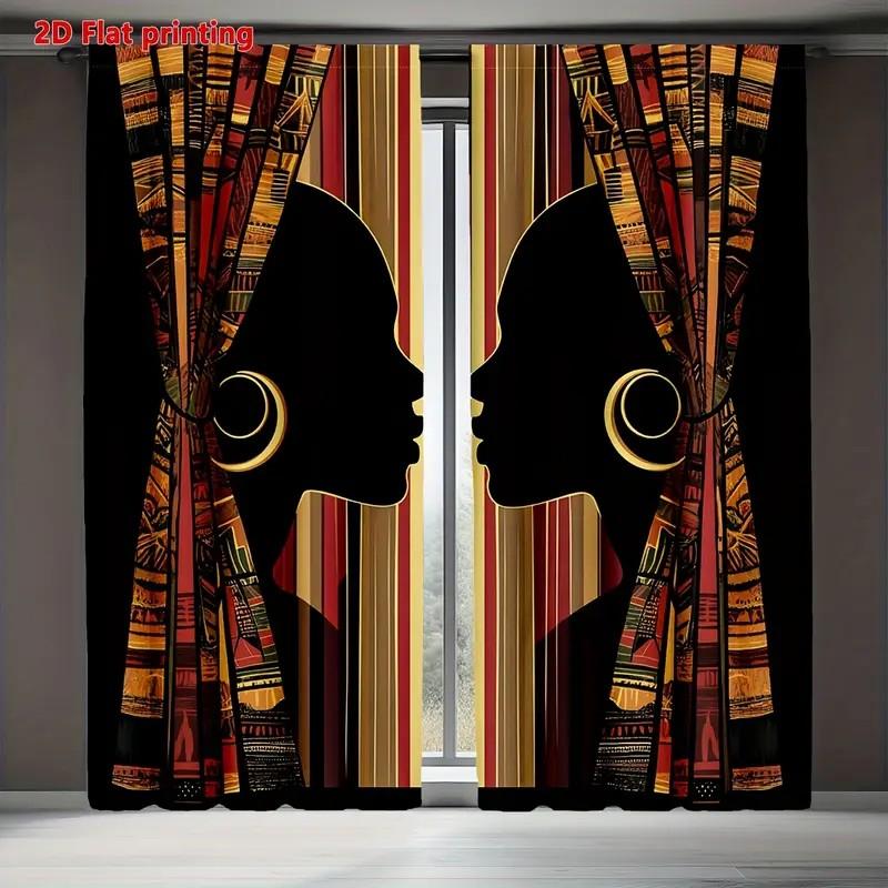 

Set Of 2 Ethnic Silhouette Print Curtain Fabric Window Treatment Living Room Bedroom Decor Curtains Light Blocking For Great Made Polyester With Rod W100*H70(CM)-Hooks&2PCS