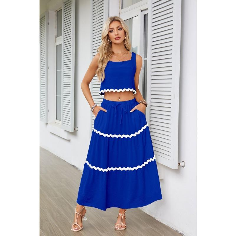 Letní dámská krajková koláž bez rukávů Krátká vesta sukně s vysokým pasem a dlouhými šaty