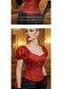 Retro Red Brocade Puff Sleeve Fishbone Bodice Corset with Square Neck Jacquard
