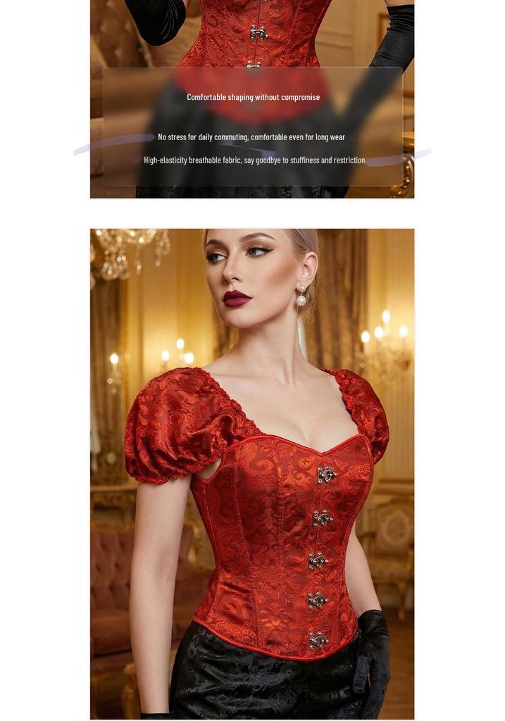 Retro Red Brocade Puff Sleeve Fishbone Bodice Corset with Square Neck Jacquard