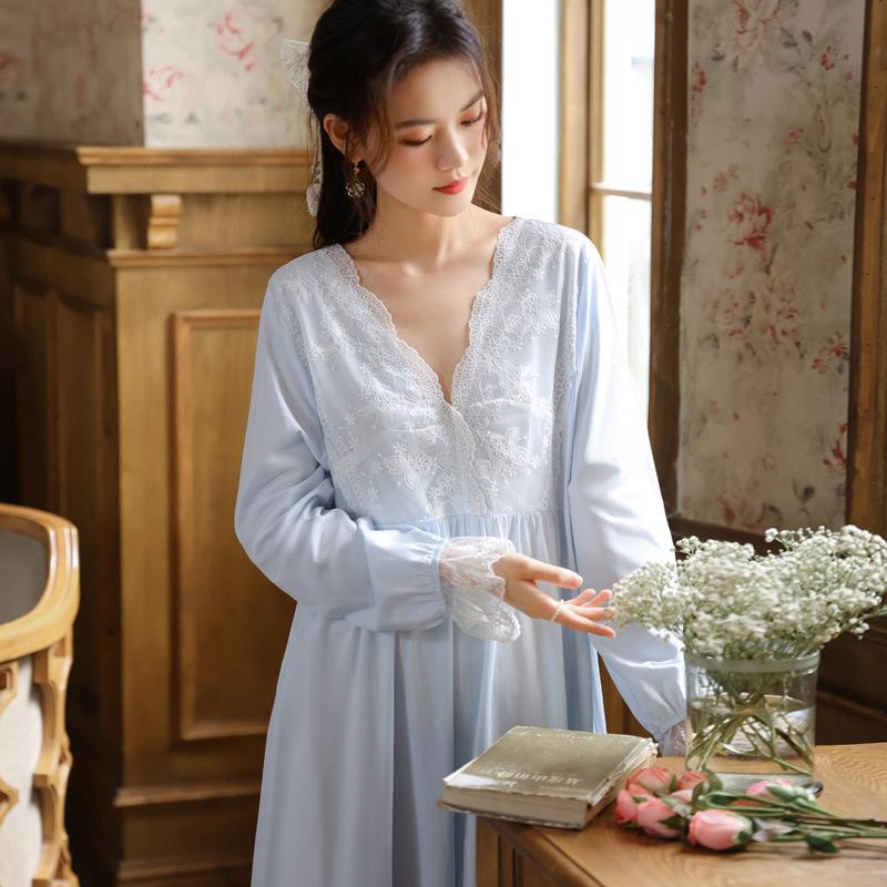 Long-sleeved Nightdress Women's Spring French Court Retro Style Long Dress Lace Princess Pajamas V-neck Can Be Worn Outside Loungewear Autumn