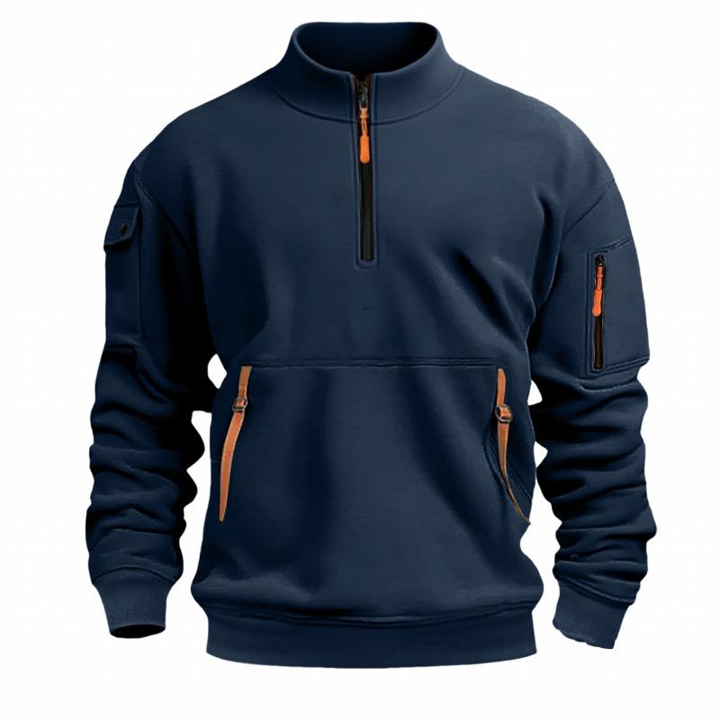 Stand-up Collar Spring and Autumn Men's Sweatshirt Zipper Multi-pocket Semi-zipper Pullover Sports and Casual Top