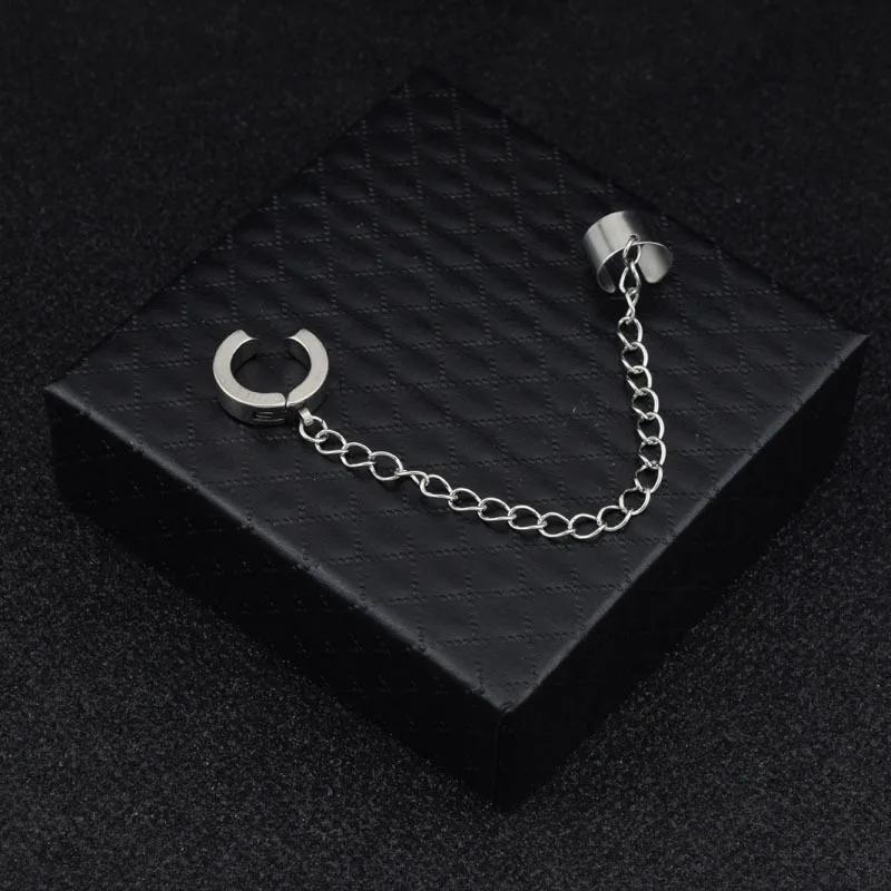 Personality Design Double Stainless Steel Chain Clip Earrings for Men Women Harajuku Hip Hop Punk Ear Cuff Jewelry Fake Piercing