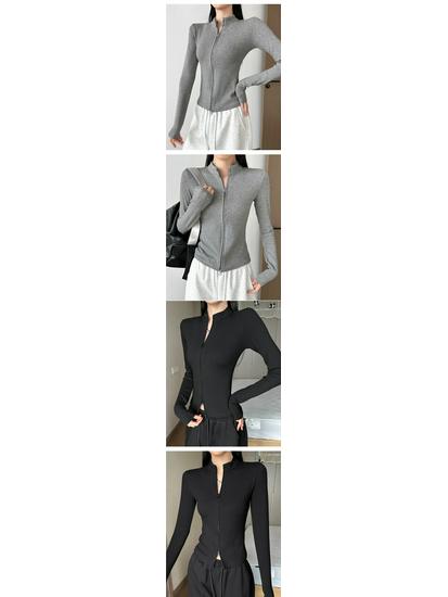 Women's White Slim Fit Zipper Cardigan: Stand Collar Long Sleeve Autumn/Winter Base Layer