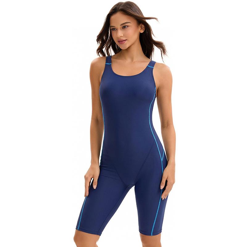 New European and American Sexy Backless Women's One-piece Swimsuit, Sleeveless Beach Five-point Shorts, Conservative Swimwear Wholesale