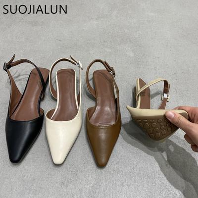 Modne SUOJIALUN 2025 Wiosna Nowe Płaskie Wsuwane Damskie Buty Slingback Miękkie Codzienne Damskie Sandały Płaski Obcas Zewnętrzne Klapki Sukienkowe