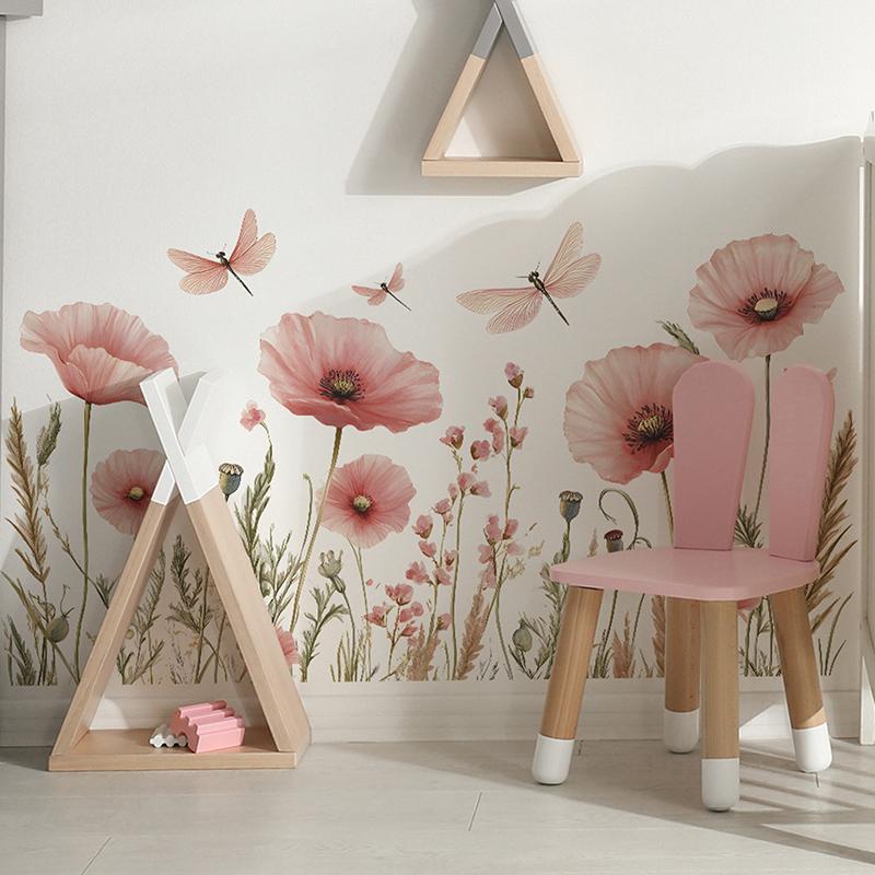 2PCS Watercolor Pink Flower Dragonfly Bedroom Porch Background Wall Beautify Wall Sticker Room Decoration