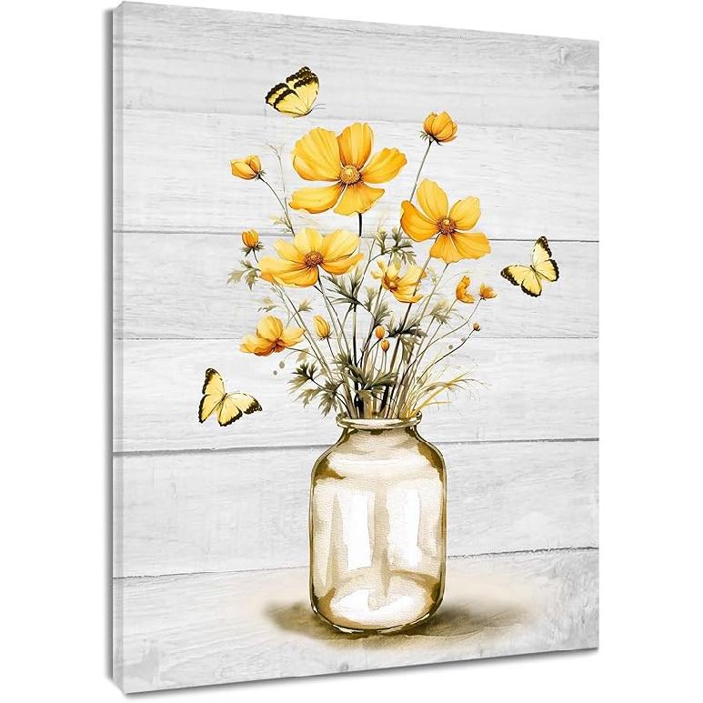

ECOTOB Зеленое цветочное настенное искусство, Эстетичный акварельный цветок в вазе и бабочка на деревенском холсте для стены гостиной, Канва с изображением растений в стиле кантри 16L x 12W жёлтый