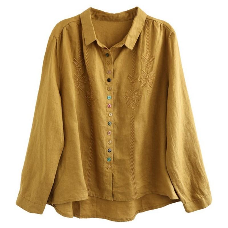 Johnature Women Embroidery Floral Shirts Solid Color Turn-down Collar Long Sleeve Blouses Spring Button Shirts
