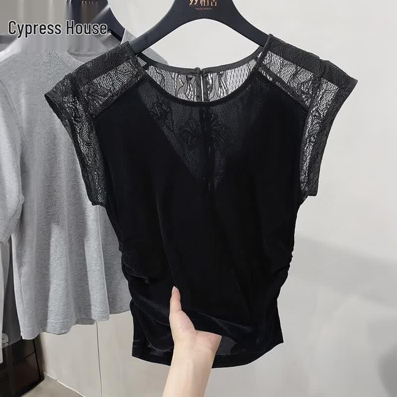 Cypress Sheer Elegant Spliced Round Neck Top XXL чёрный