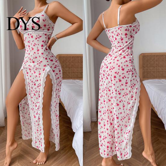 Women Cotton Blend Nightgown Womens Sexy Nightgowns Cherry Print Lace Trim Deep V Neck High-quality Chemise Sleepwear Sheer See Through Side