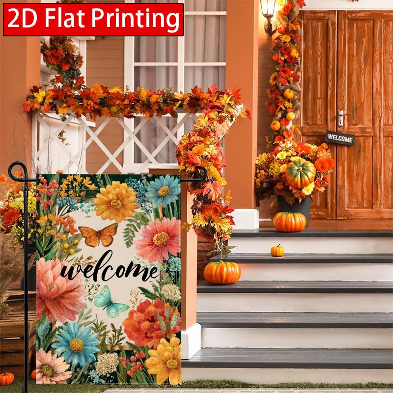 2D Flat - 2D Flat Autumn Flowers Welcome Thanksgiving Garden Flag_4-28X40 Inches Outdoor Garden Flag Double-Sided Home Decoration Courtyard Decoration