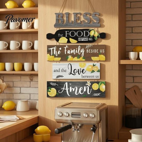 Kitchen Wall Plaque with Rope Wooden Decor, 5 Panel Bless Food Family Love Farmhouse Style Decor Hanging Sign, Art for Dining Room Living Splicing