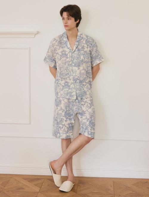 

[LUNALUZ STUDIO] Мужской комплект из двух предметов с воротником, короткий рукав, хлопок, стиль Bijou Cottage [Отправка из Кореи] 100% Оригинал Blue