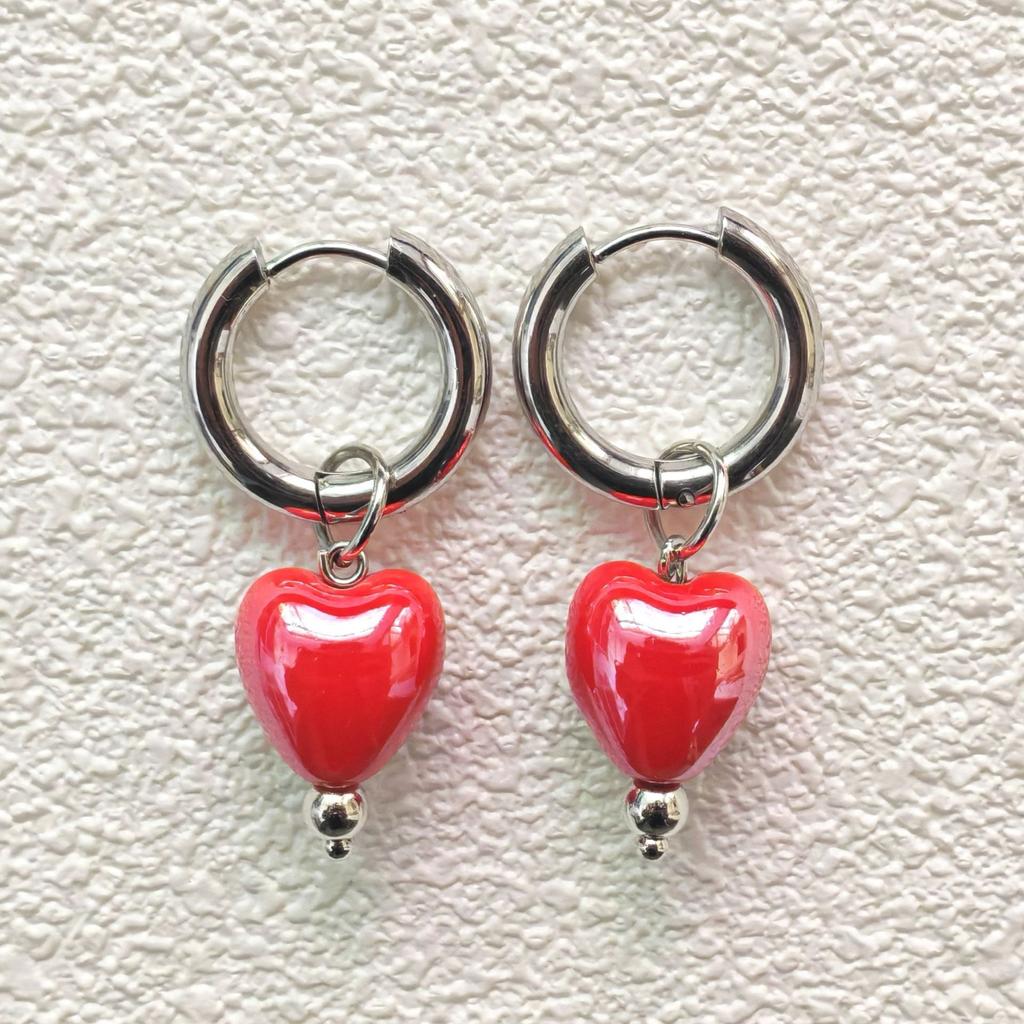 Stylish Elegant Sweet Biue Ceramic Heart Shape Pendant Earrings for Women Stainless Steel Double Ring Ear Cuffs Charm Jewelry