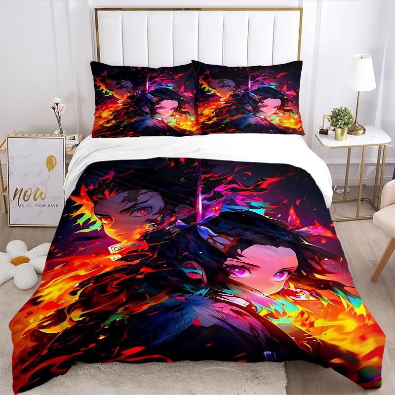 3pcs Flaming Anime Characters Printed Quilt Set - Includes 1 Quilt Cover and 2 Pillowcases, Machine Washable - Suitable for All Seasons.C037