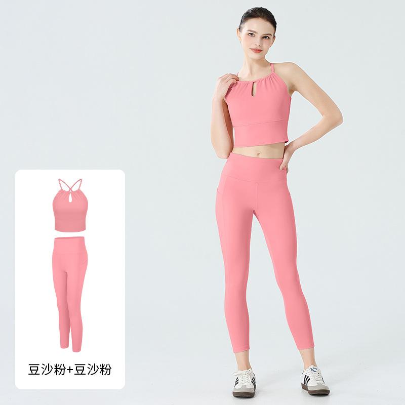 Cross-border quick-drying sportswear set, high-end beauty back nude feeling running fitness yoga clothes, vest and trousers two-piece set XS