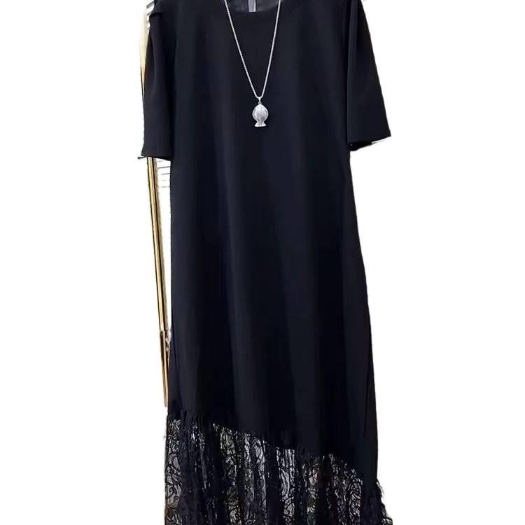 Plus Size Women's Lace Hem Midi Dress - Slimming, Casual, Short Sleeve, Age-Reducing