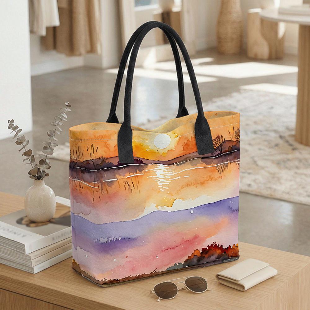 Watercolor Sunset Scenic Canvas Tote Bag Large Casual Daily Shoulder Handbag for Travel Shopping